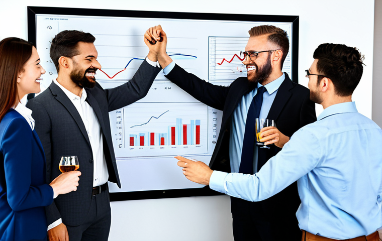 Startup Team Success**
"A diverse team of professionals celebrating a milestone in a bright, modern office. They are fully clothed in appropriate business attire, some raising glasses in a toast, others looking at a laptop displaying positive results. Background includes whiteboards with charts and graphs. perfect anatomy, correct proportions, natural pose, well-formed hands, proper finger count, natural body proportions, safe for work, appropriate content, fully clothed, professional, modest, family-friendly, high-quality, professional photography."
**